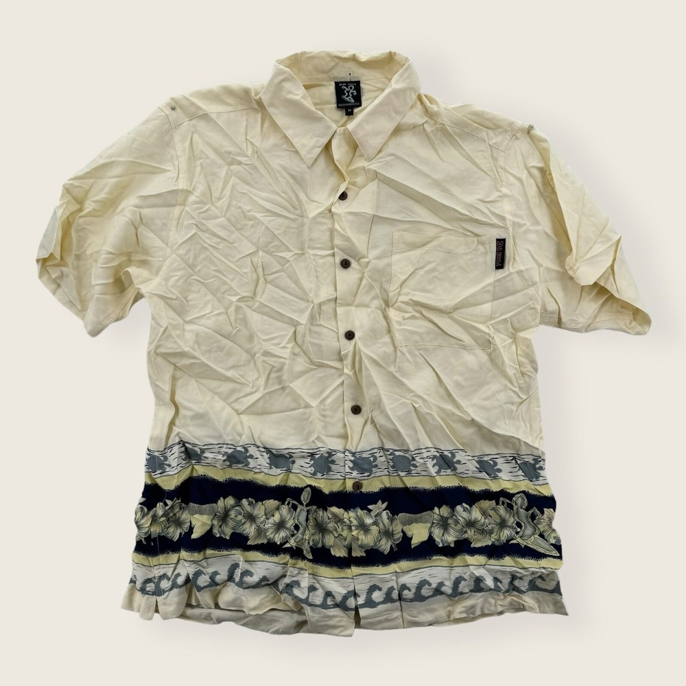 VTG Da Hui Hawaiian Shirt Mens Medium Beige Button Up Cotton Floral Aloha USA‎